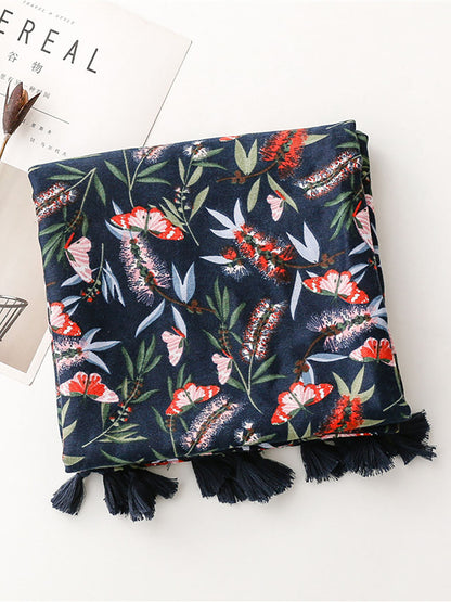 Women Artsy Butterfly Flower Tassel Shawl Scarf AT1011