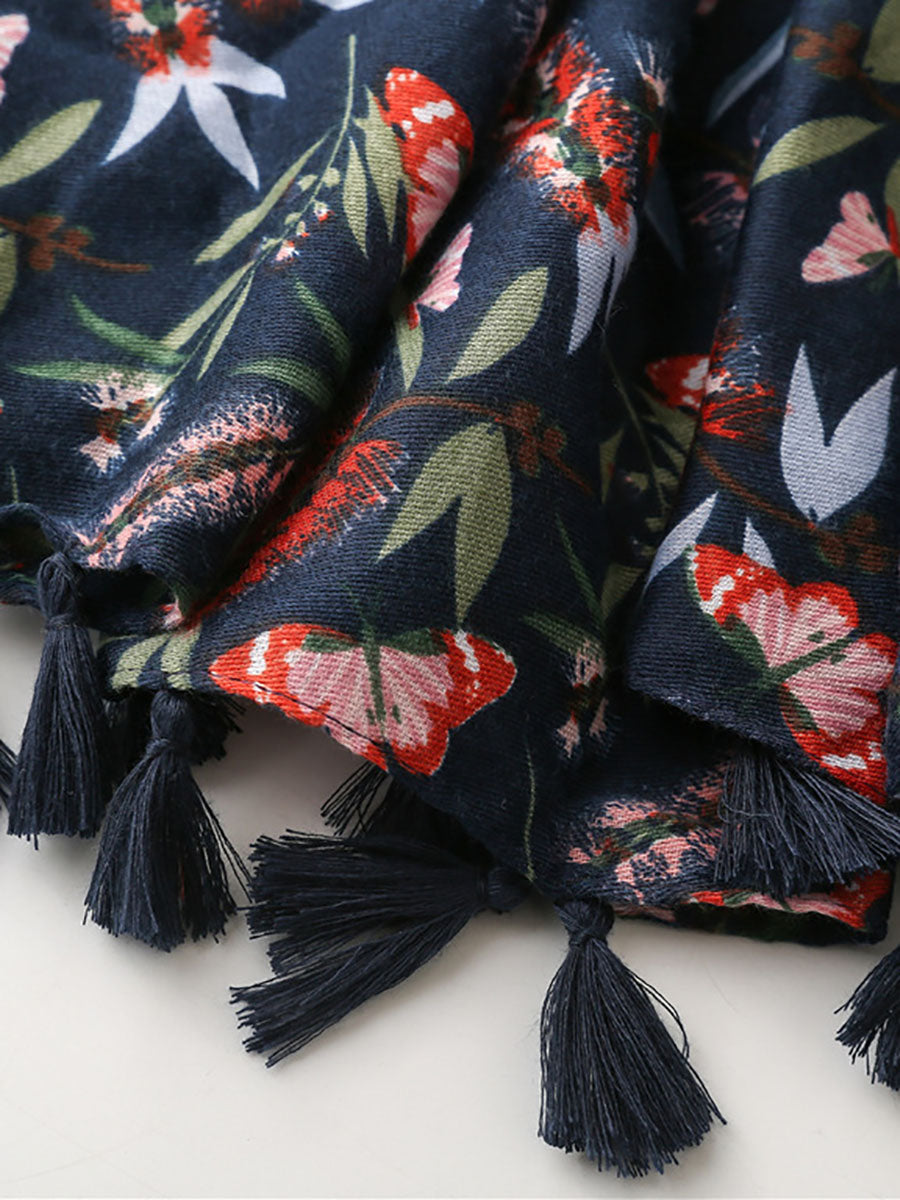 Women Artsy Butterfly Flower Tassel Shawl Scarf AT1011