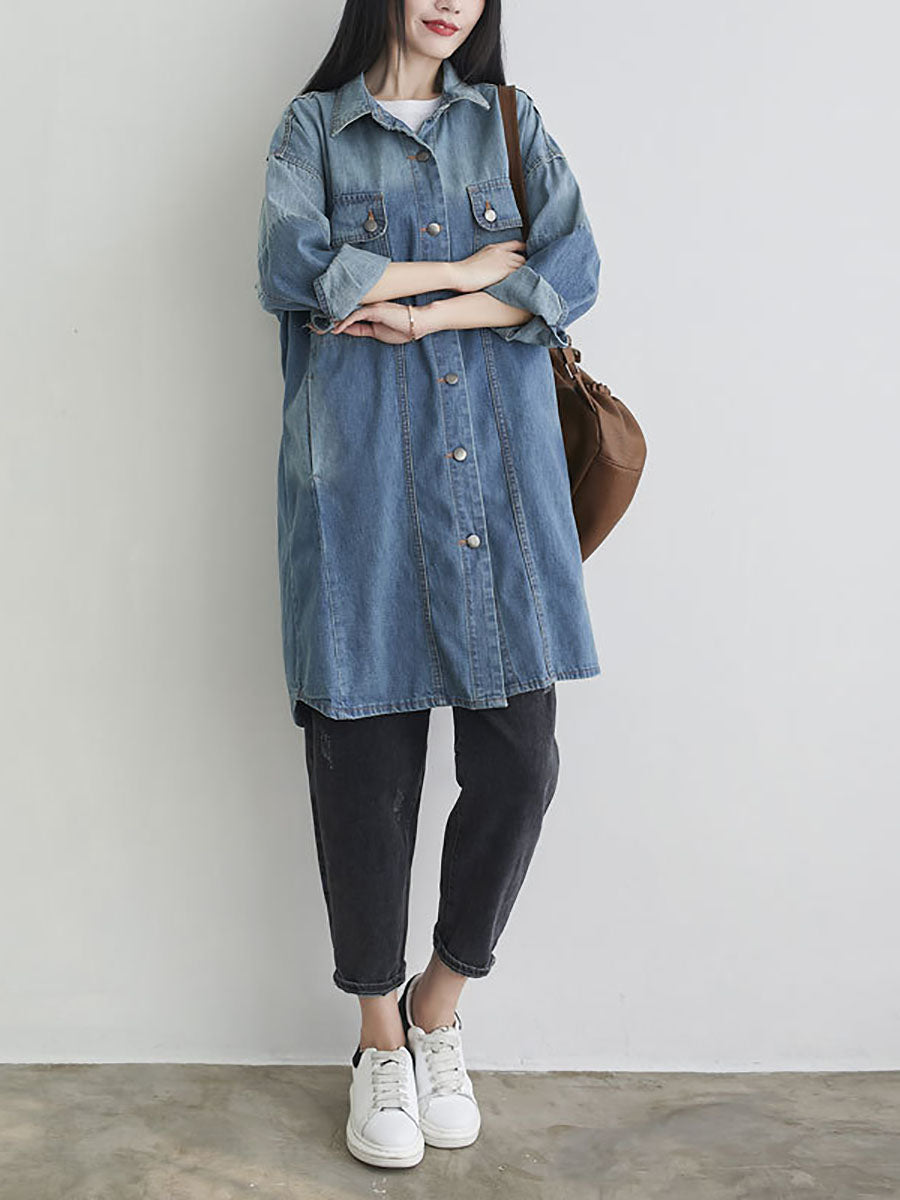 Women Autumn Casual Solid Pocket Denim Shirt Coat AS1001