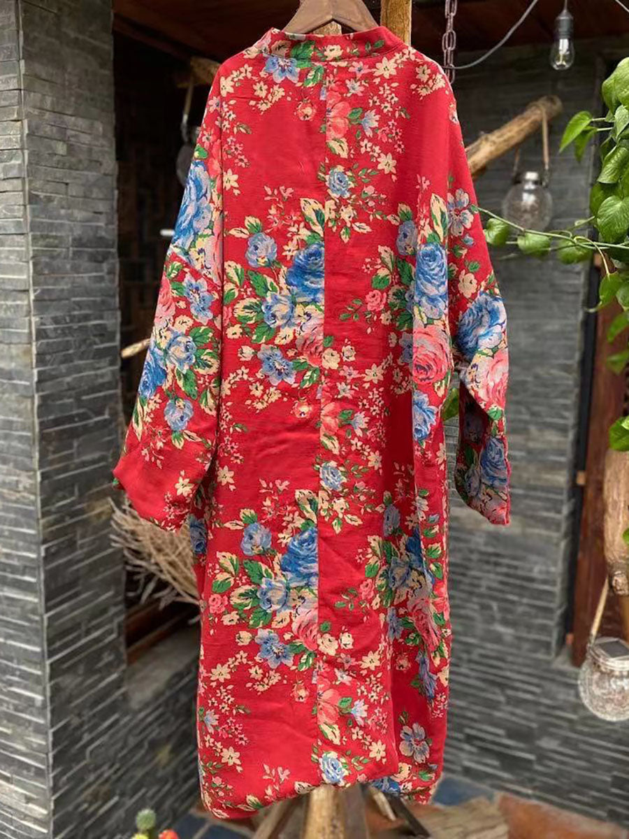 Women Ethnic Red Flower Slant Closure Cotton Padded Coat AI1015