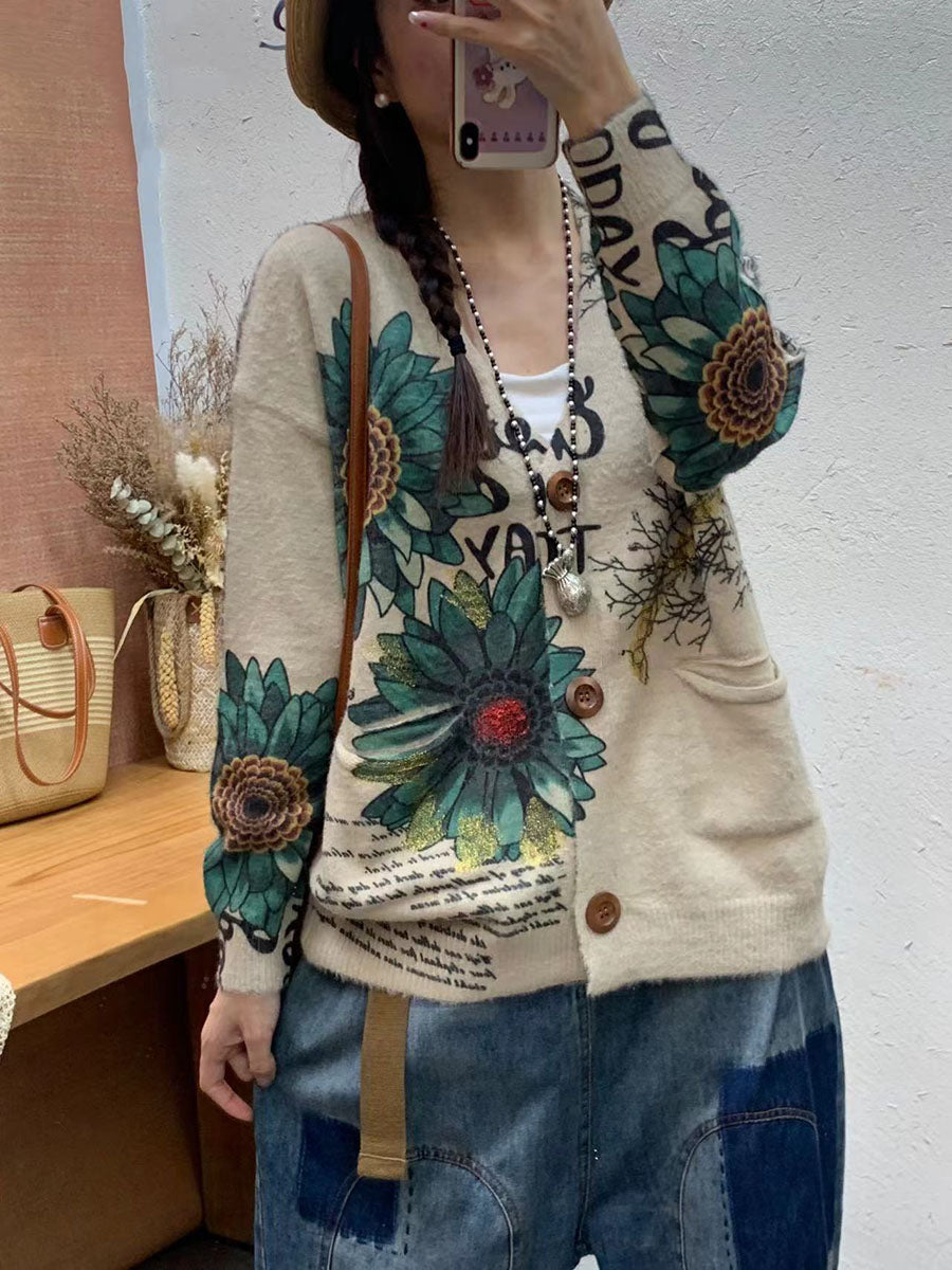 Women Autumn Flower Pocket V-Neck Knit Cardigan Sweater AI1056