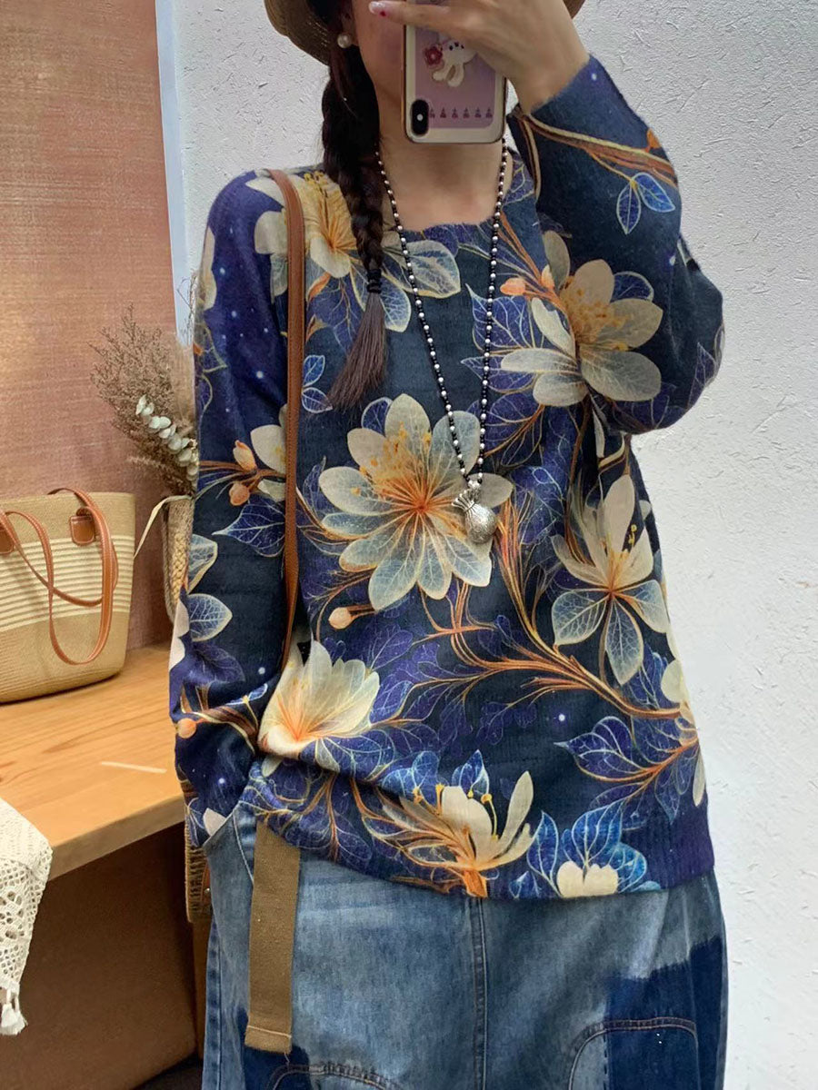 Women Autumn Casual Cartoon Print O-Neck Knit Sweater AI1069