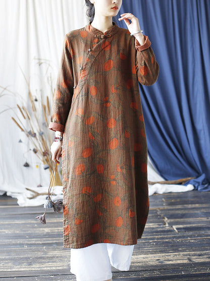 Women Ethnic Autumn Apple Print Cotton Robe Dress AI1021