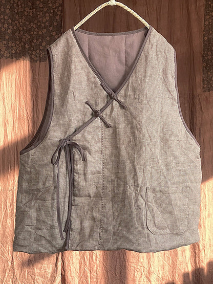 Women Autumn Ethnic Solid Strap V-Neck Linen Vest AI1058