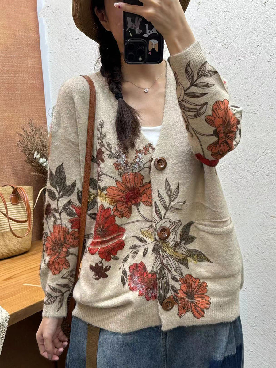 Cardigan en tricot à col en V et fleurs d'automne pour femme AI1055 