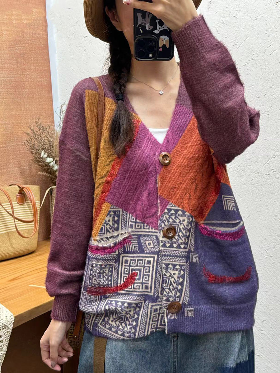 Women Autumn Flower Spliced V-Neck Knit Cardigan Sweater AI1055