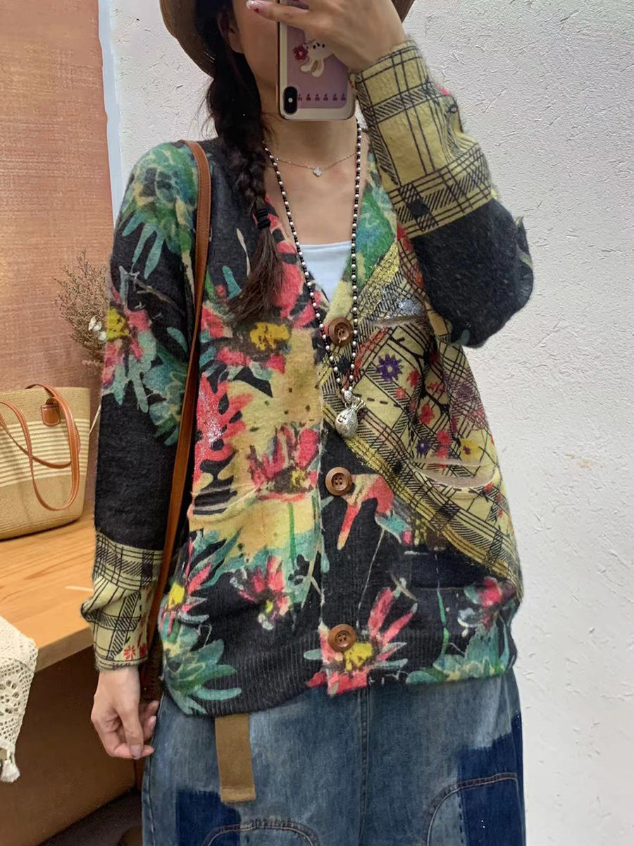 Women Autumn Flower Spliced V-Neck Knit Cardigan Sweater AI1055