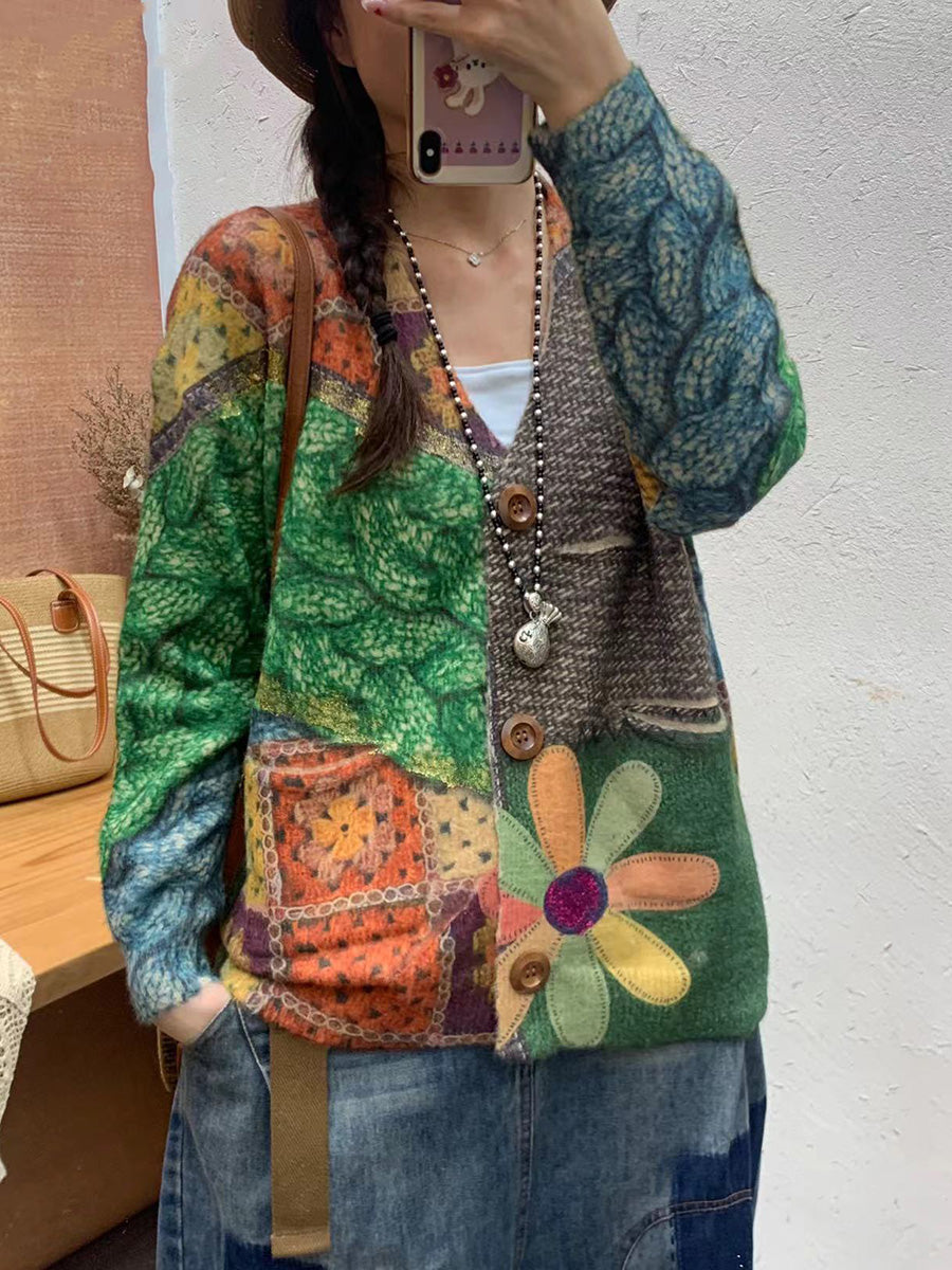 Cardigan en tricot à col en V et fleurs d'automne pour femme AI1055 