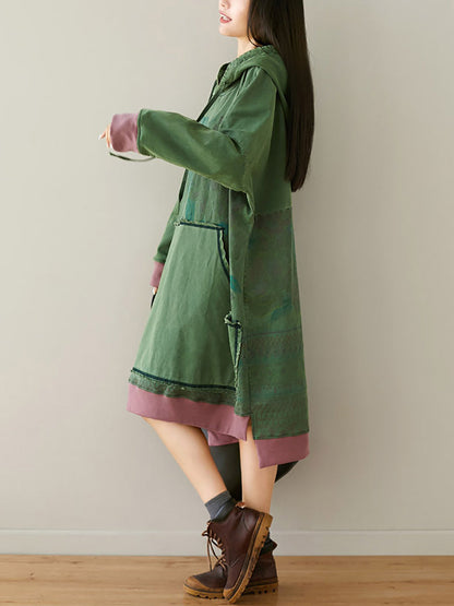 Women Autumn Retro Flower Colorblock Hem Hooded Dress AI1049