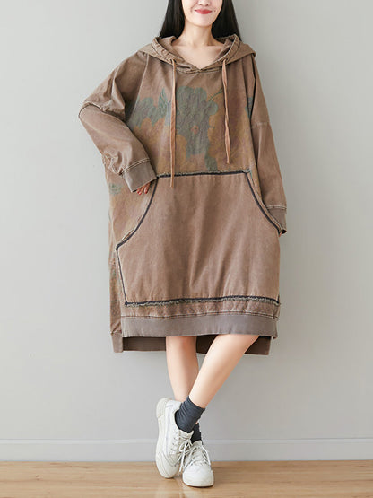 Women Autumn Retro Flower Colorblock Hem Hooded Dress AI1049