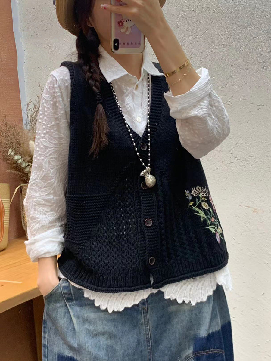 Gilet en tricot à col en V avec broderie florale artistique pour femme AI1073 