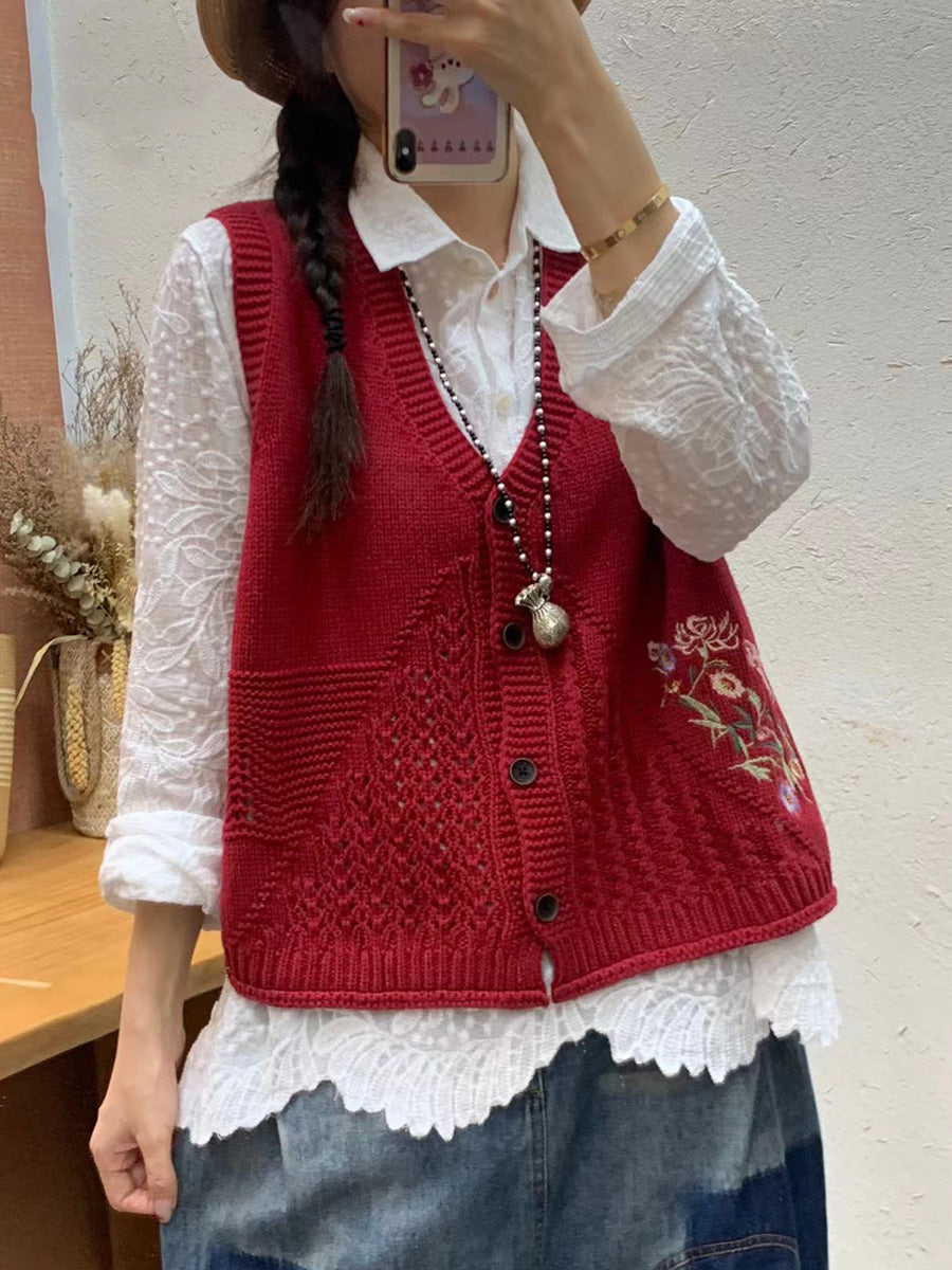 Gilet en tricot à col en V avec broderie florale artistique pour femme AI1073 