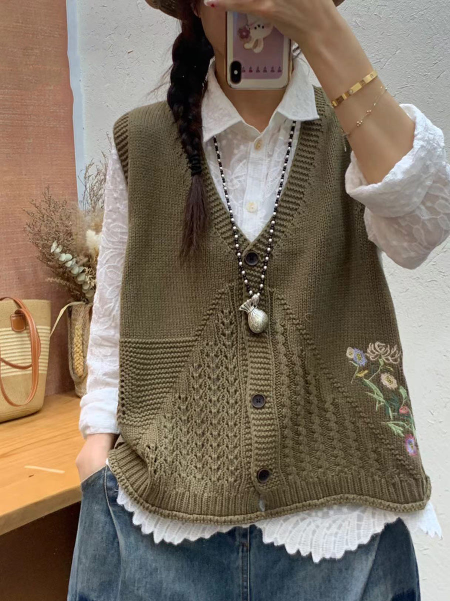 Women Autumn Artsy Flower Embroidery Knit V-Neck Vest AI1073