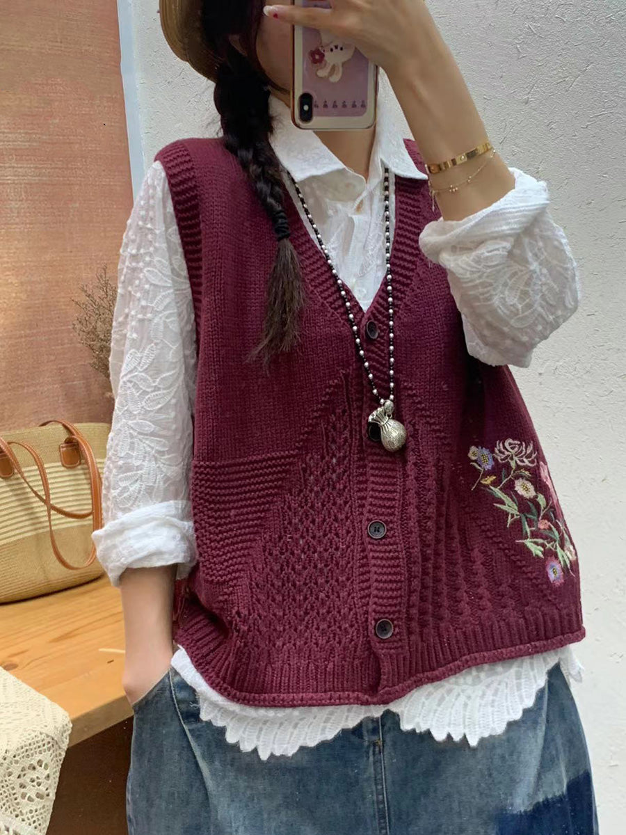 Women Autumn Artsy Flower Embroidery Knit V-Neck Vest AI1073