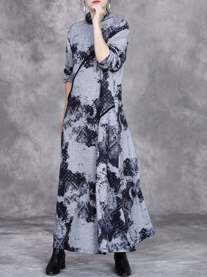 Women Autumn Print Half-Turtleneck Spliced Cashmere Dress AI1050