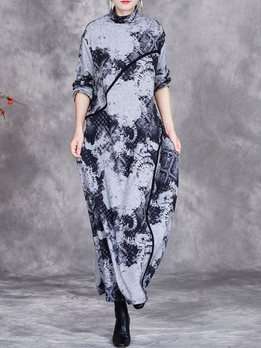 Women Autumn Print Half-Turtleneck Spliced Cashmere Dress AI1050