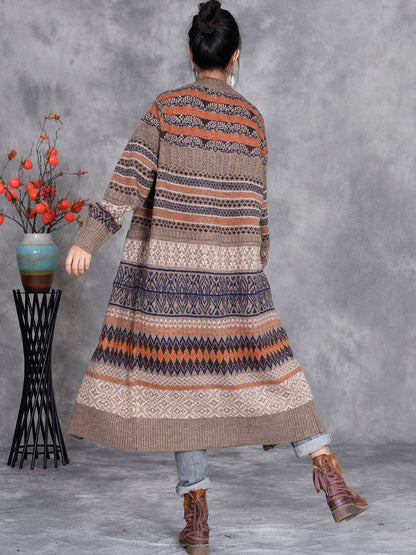 Women Vintage Autumn Stripe Button Wool Cardigan Coat AI1003