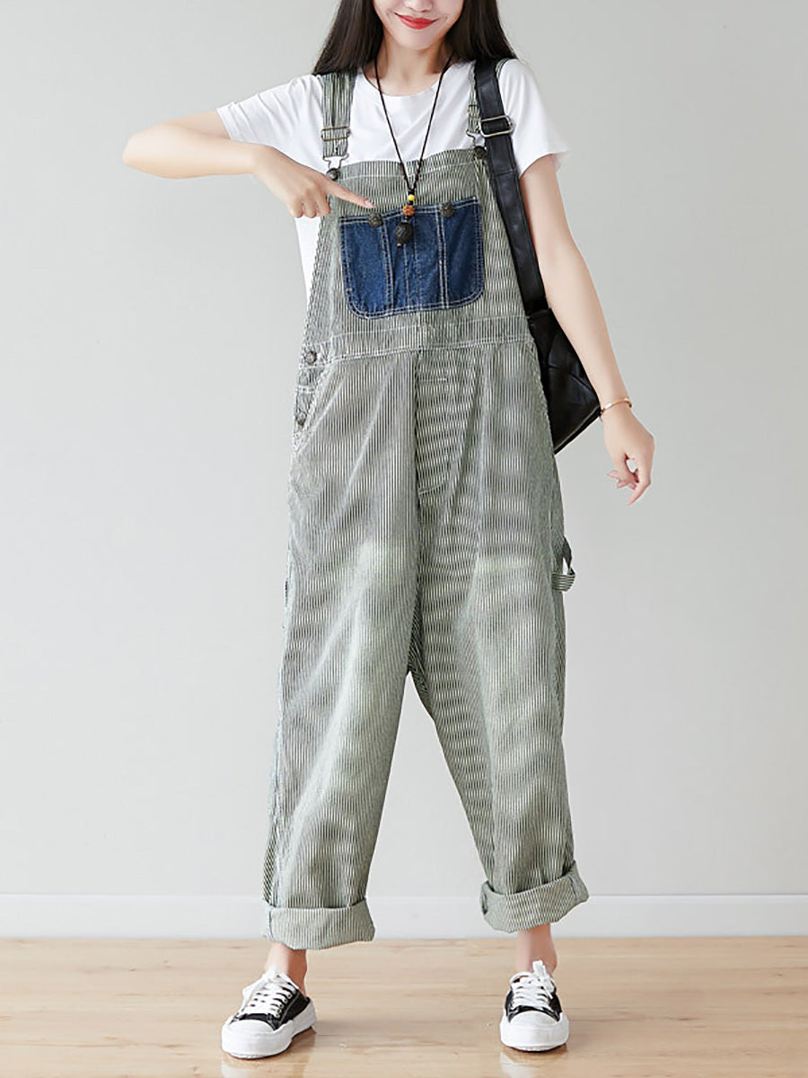 Women Artsy Stripe Patch Spliced Denim Loose Jumpsuits AI1079