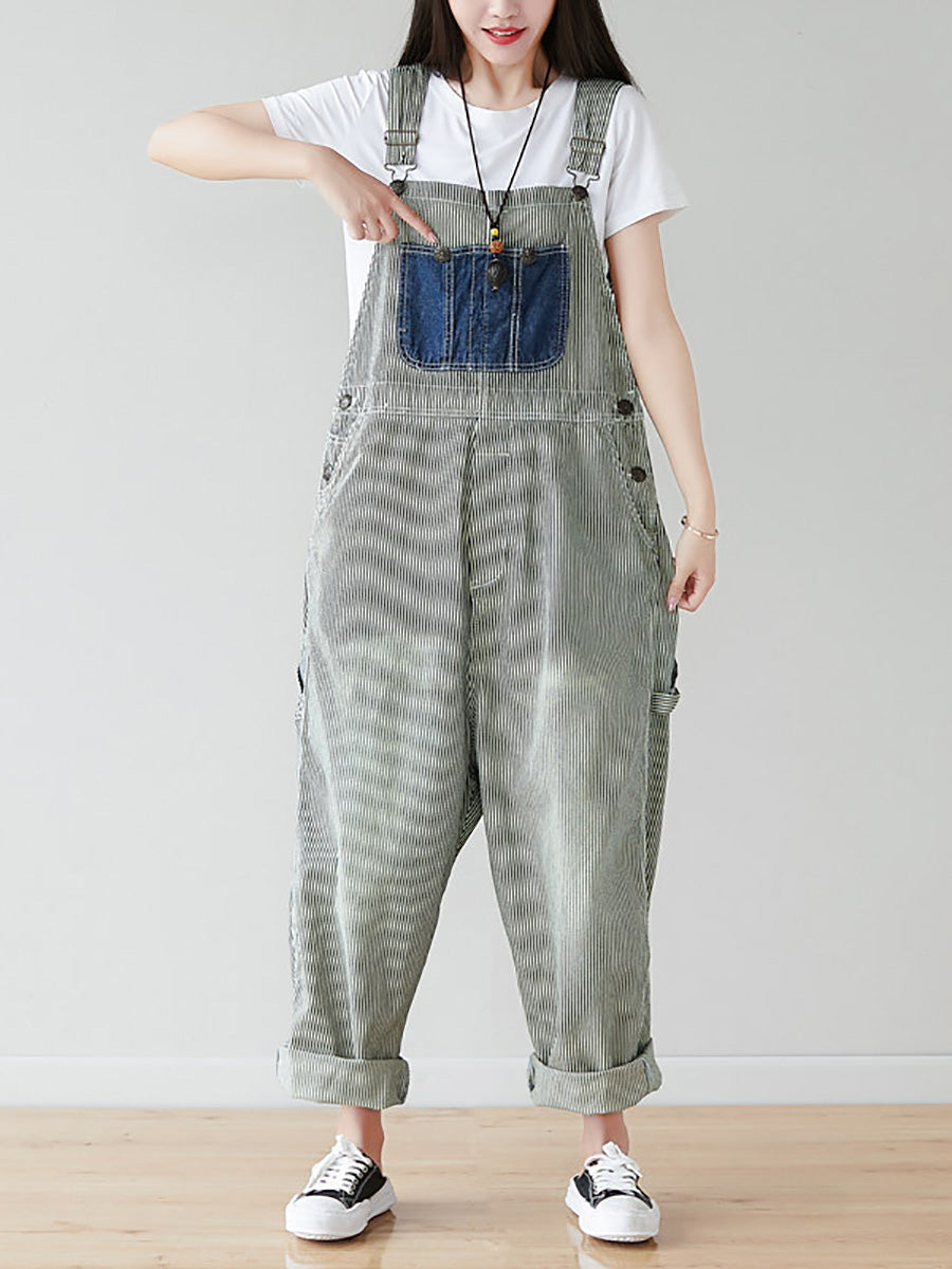 Damen Artsy Streifen Patch Gespleißt Denim Lose Jumpsuits AI1079 