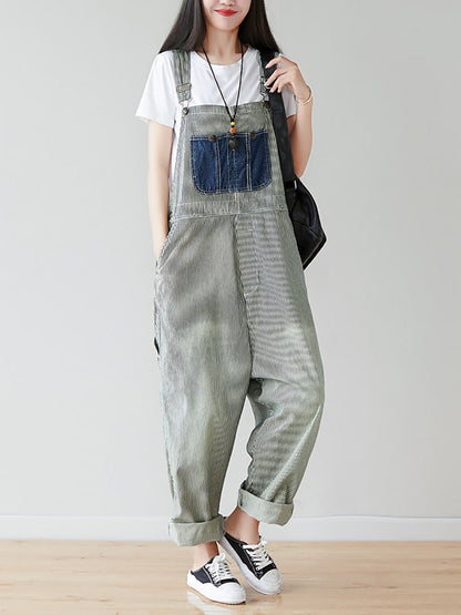 Women Artsy Stripe Patch Spliced Denim Loose Jumpsuits AI1079