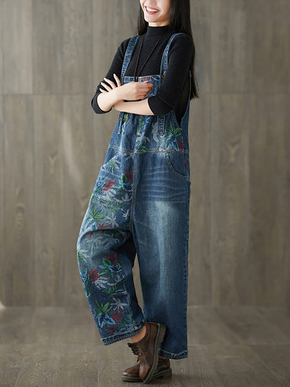 Women Autumn Flower Denim Loose Jumpsuits AI1057