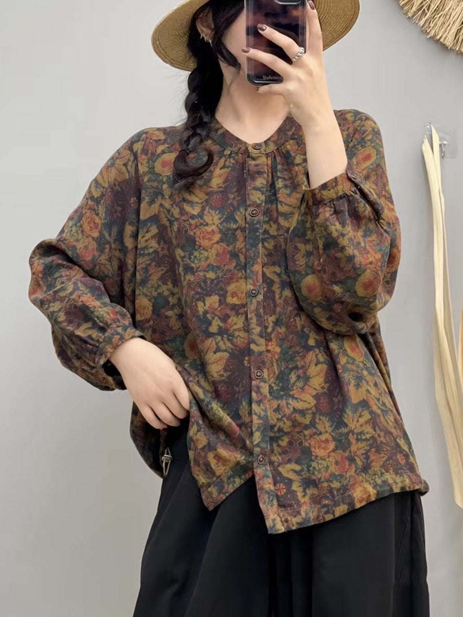 Women Autumn Artsy Flower Button-up O-Neck Cotton Shirt AI1075