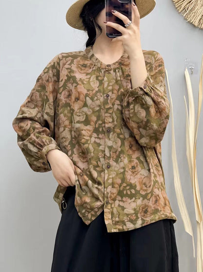 Women Autumn Artsy Flower Button-up O-Neck Cotton Shirt AI1075