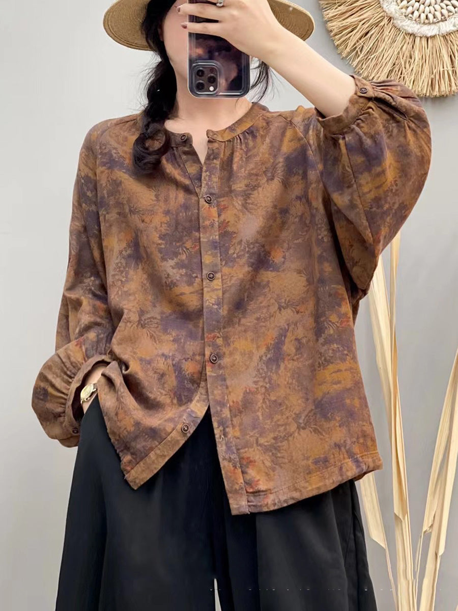 Women Autumn Artsy Flower Button-up O-Neck Cotton Shirt AI1075