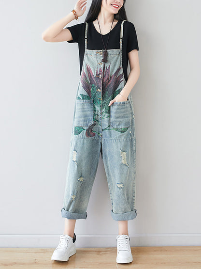 Women Artsy Flower Frayed Denim Pocket Jumpsuits AI1080