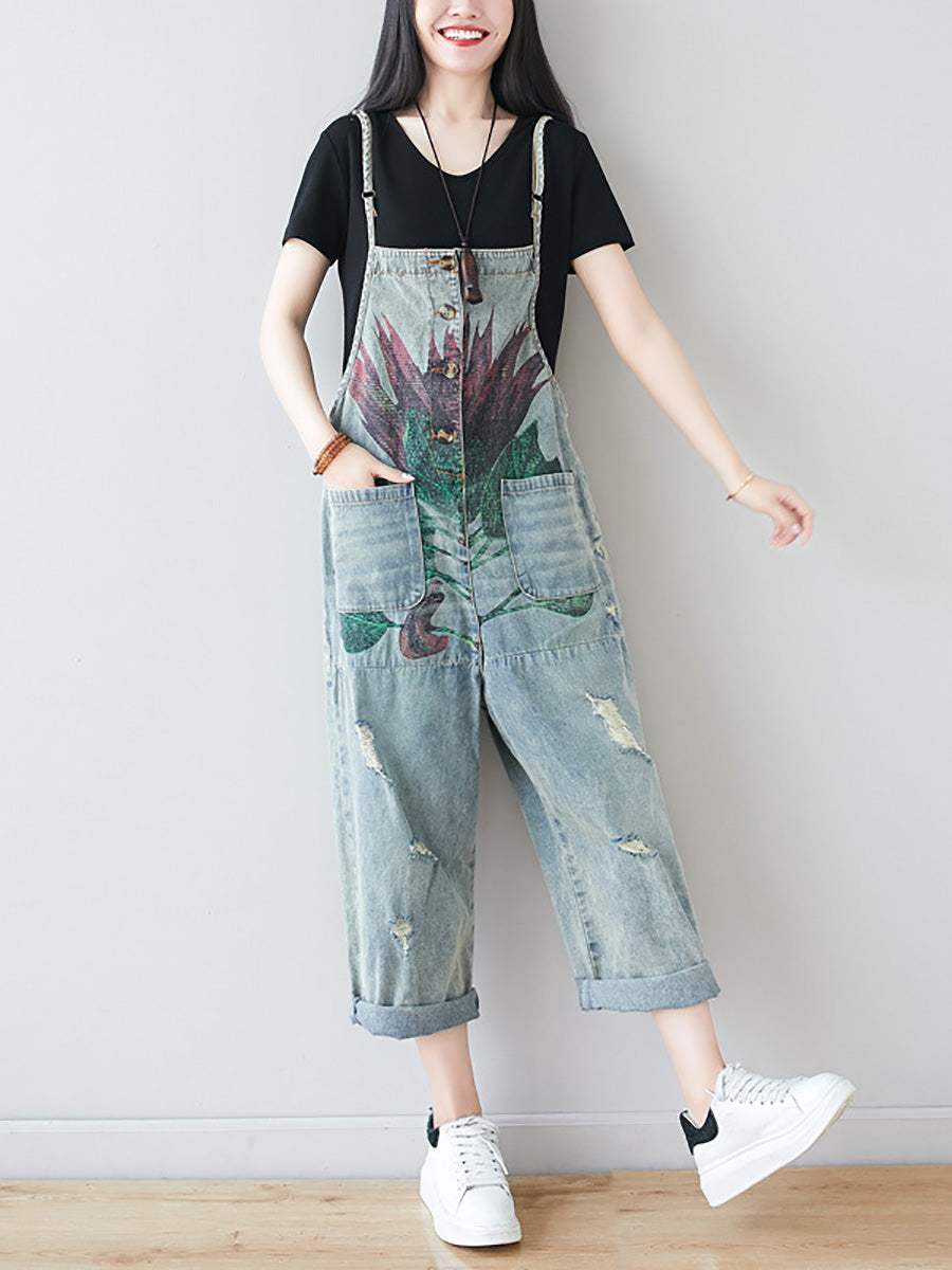 Damen Artsy Flower Ausgefranster Denim-Overall mit Taschen AI1080 