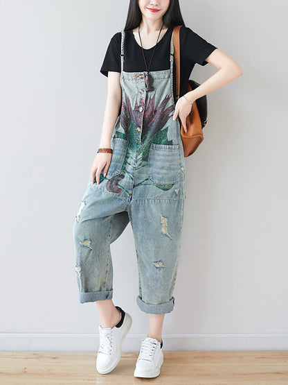 Women Artsy Flower Frayed Denim Pocket Jumpsuits AI1080