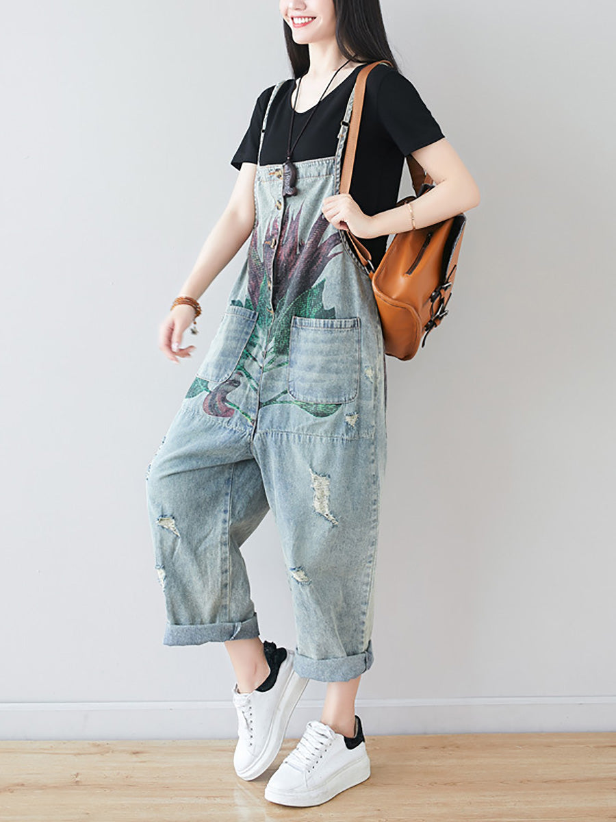 Women Artsy Flower Frayed Denim Pocket Jumpsuits AI1080