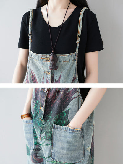 Women Artsy Flower Frayed Denim Pocket Jumpsuits AI1080