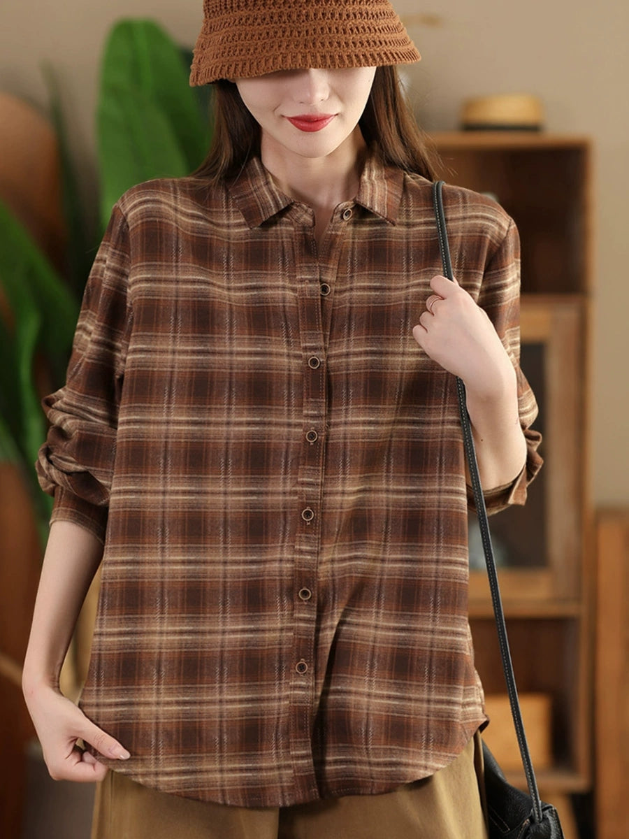 Women Autumn Vintage Plaid Button-up Cotton Blouse AI1031