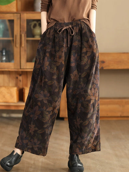 Women Autumn Vintage Flower Strap Corduroy Harem Pants AI1036