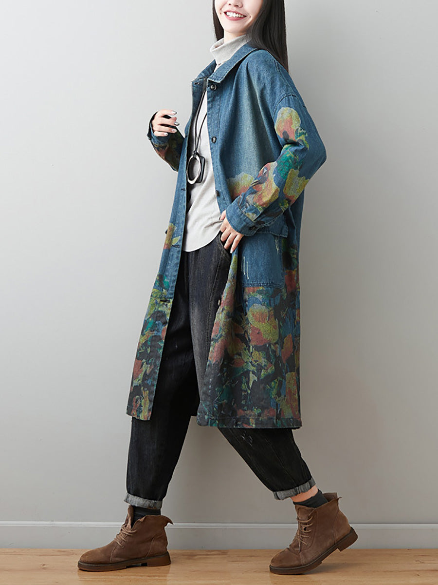 Manteau en jean à col rabattu et motif floral artistique pour femme AI1070 