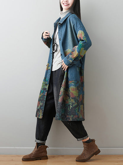 Manteau en jean à col rabattu et motif floral artistique pour femme AI1070 