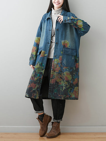 Women Autumn Artsy Flower Turn-down Collar Denim Coat AI1070