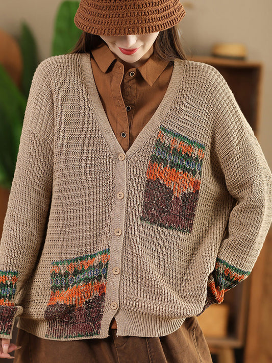 Women Vintage Artsy Print Knit V-Neck Cardigan Sweater AH1012