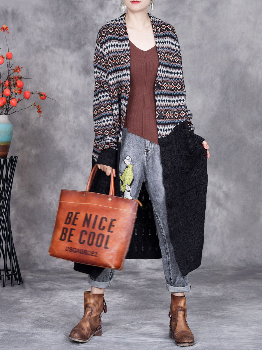 Women Autumn Stripe Colorblock Knitted Cardigan Coat AH1060