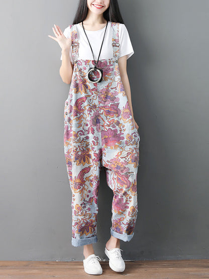 Women Autumn Flower Denim Loose Jumpsuits AH1049