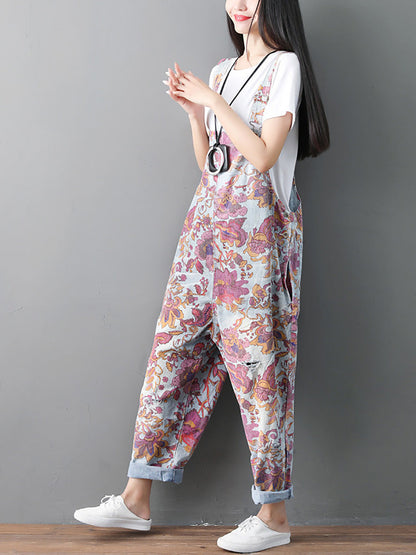 Women Autumn Flower Denim Loose Jumpsuits AH1049