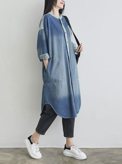 Women Autumn Casual Colorblock Pocket Denim Coat AH1041