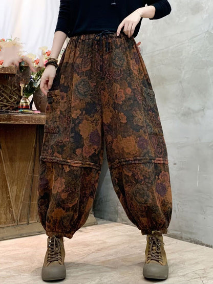 Women Autumn Vintage Flower Spliced Cotton Harem Pants AH1004