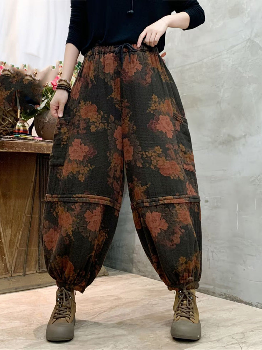 Women Autumn Vintage Flower Spliced Cotton Harem Pants AH1004