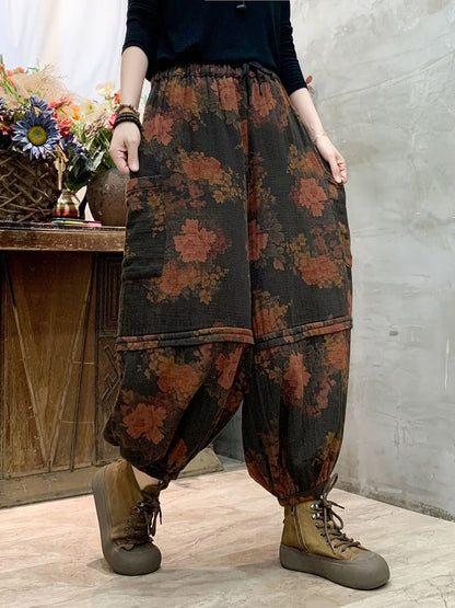 Women Autumn Vintage Flower Spliced Cotton Harem Pants AH1004