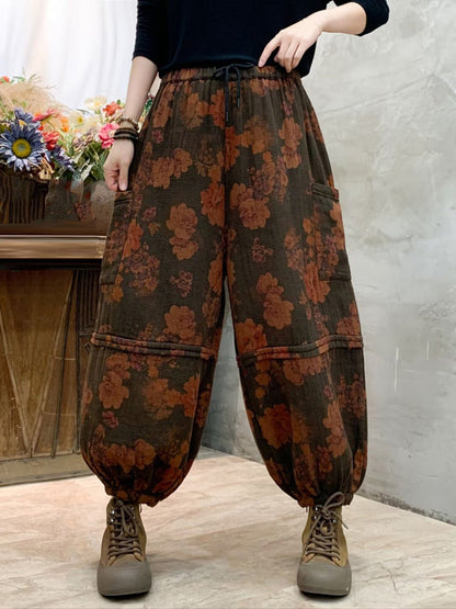 Women Autumn Vintage Flower Spliced Cotton Harem Pants AH1004