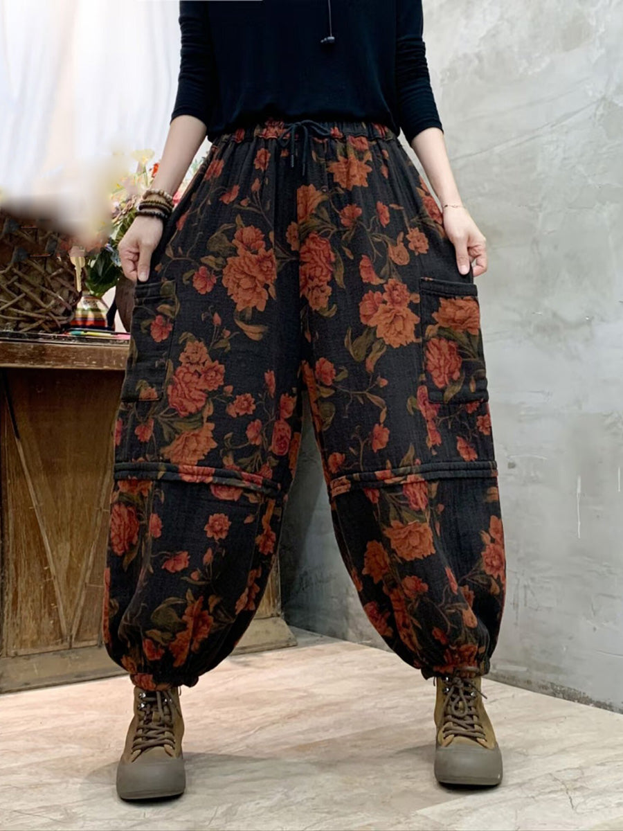 Women Autumn Vintage Flower Spliced Cotton Harem Pants AH1004