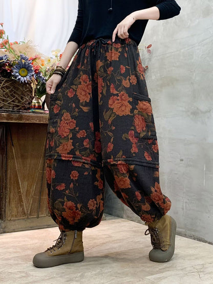 Women Autumn Vintage Flower Spliced Cotton Harem Pants AH1004