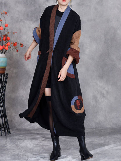 Women Winter Artsy Colorblock Cardigan Long Coat AH1020